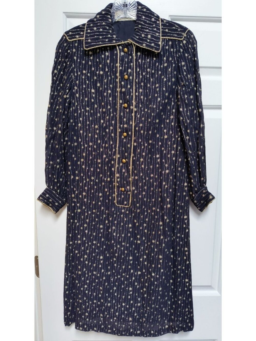 Vintage Malcolm Starr Rizkallah Navy Dress With Gold Metallic Thread Embroidery